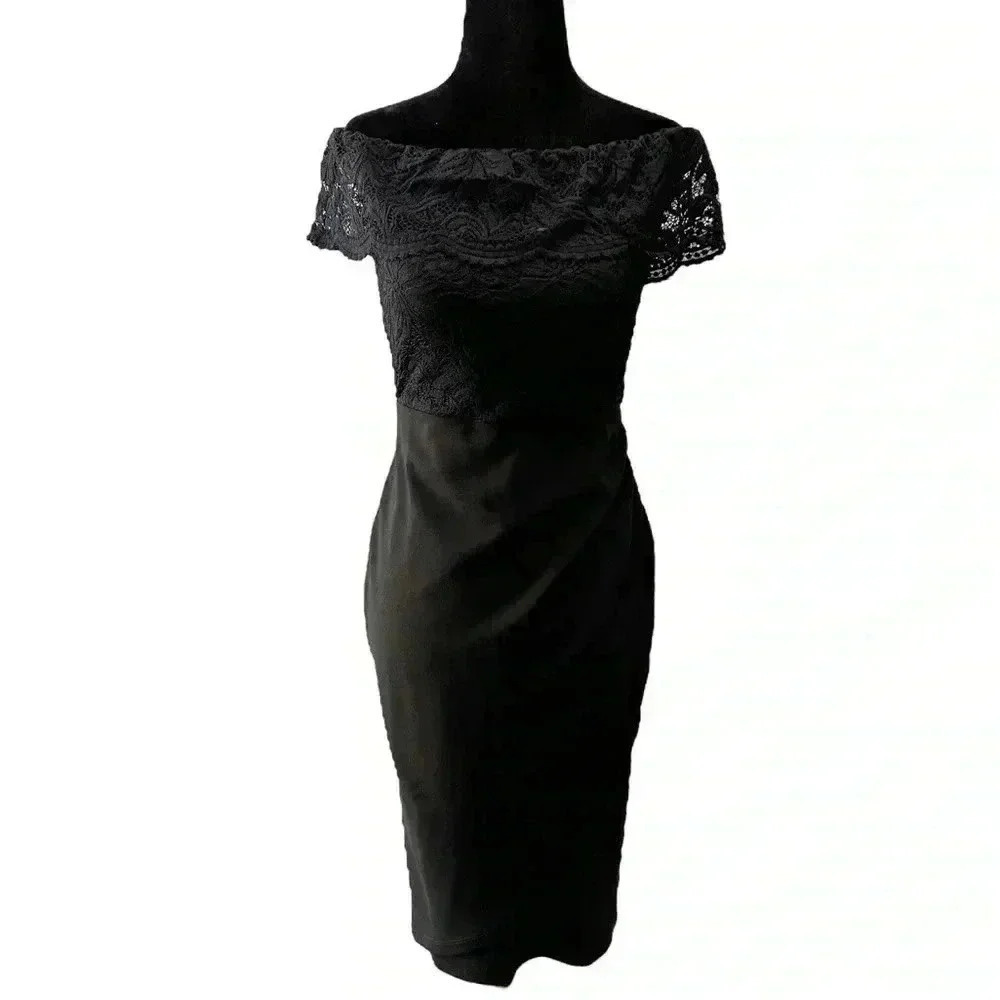 Le Chateau Black Cocktail Dress Off Shoulder Bardot Lace Bodice Formal LBD XS - Picture 2 of 16